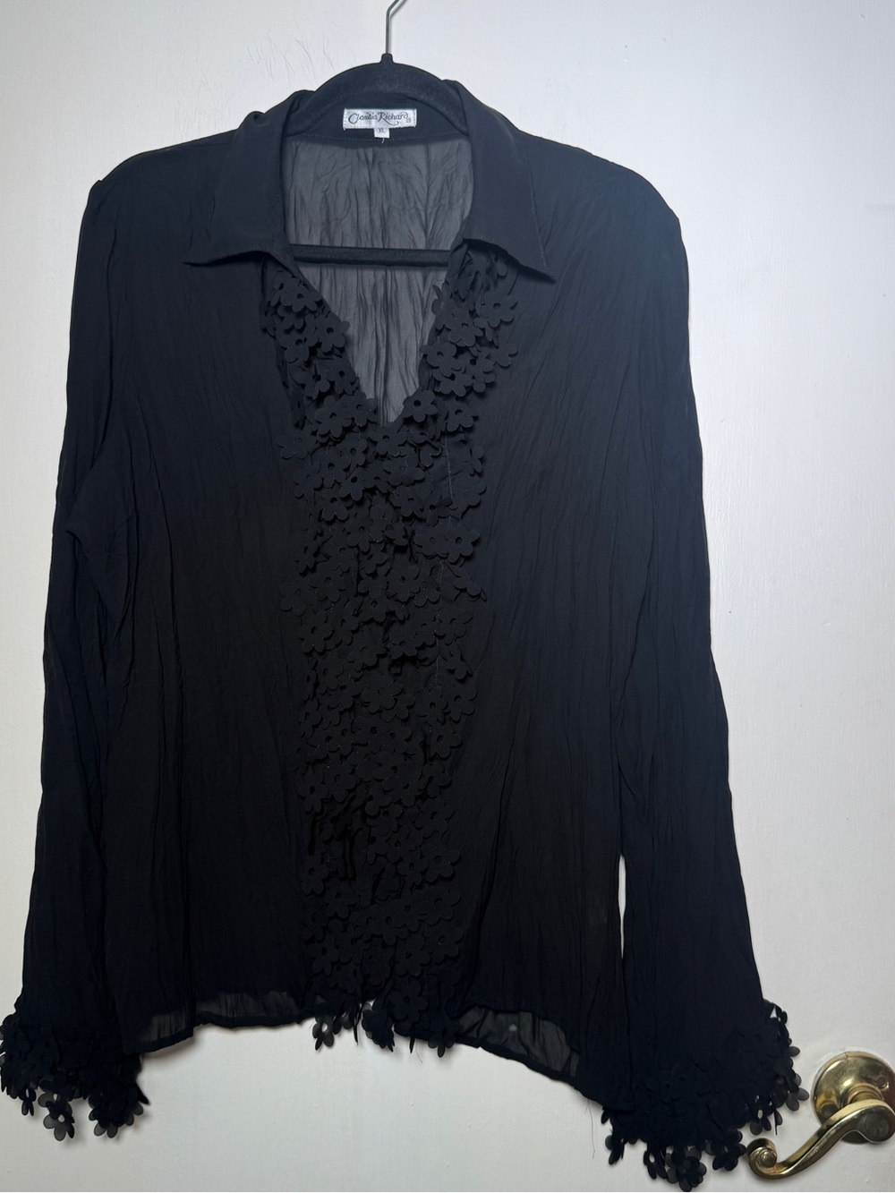 Claudia Richard Black Floral Appliqué Long Sleeve Blouse XL